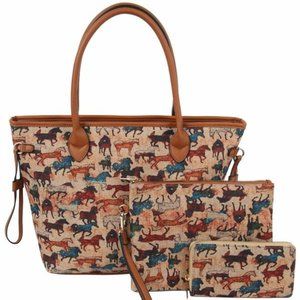 3Piece Horse Canvas Tote Bag, Messenger/Wallet Set